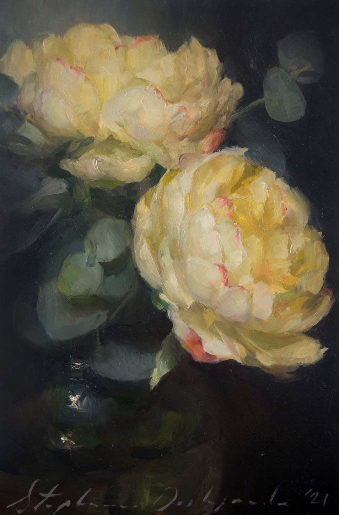 A painting of "Yellow Peonies" in a vase, rendered in oil on panel by Stephanie Deshpande.
