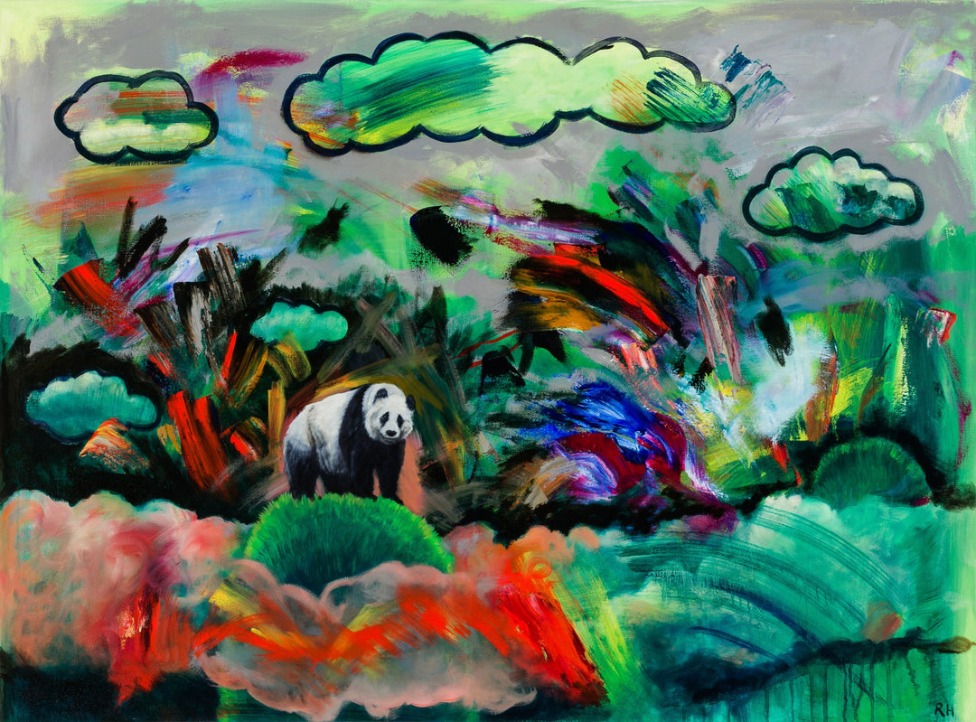 An oil on canvas painting of "Panda in the Clouds" by Robin Hextrum in the forest by artist.